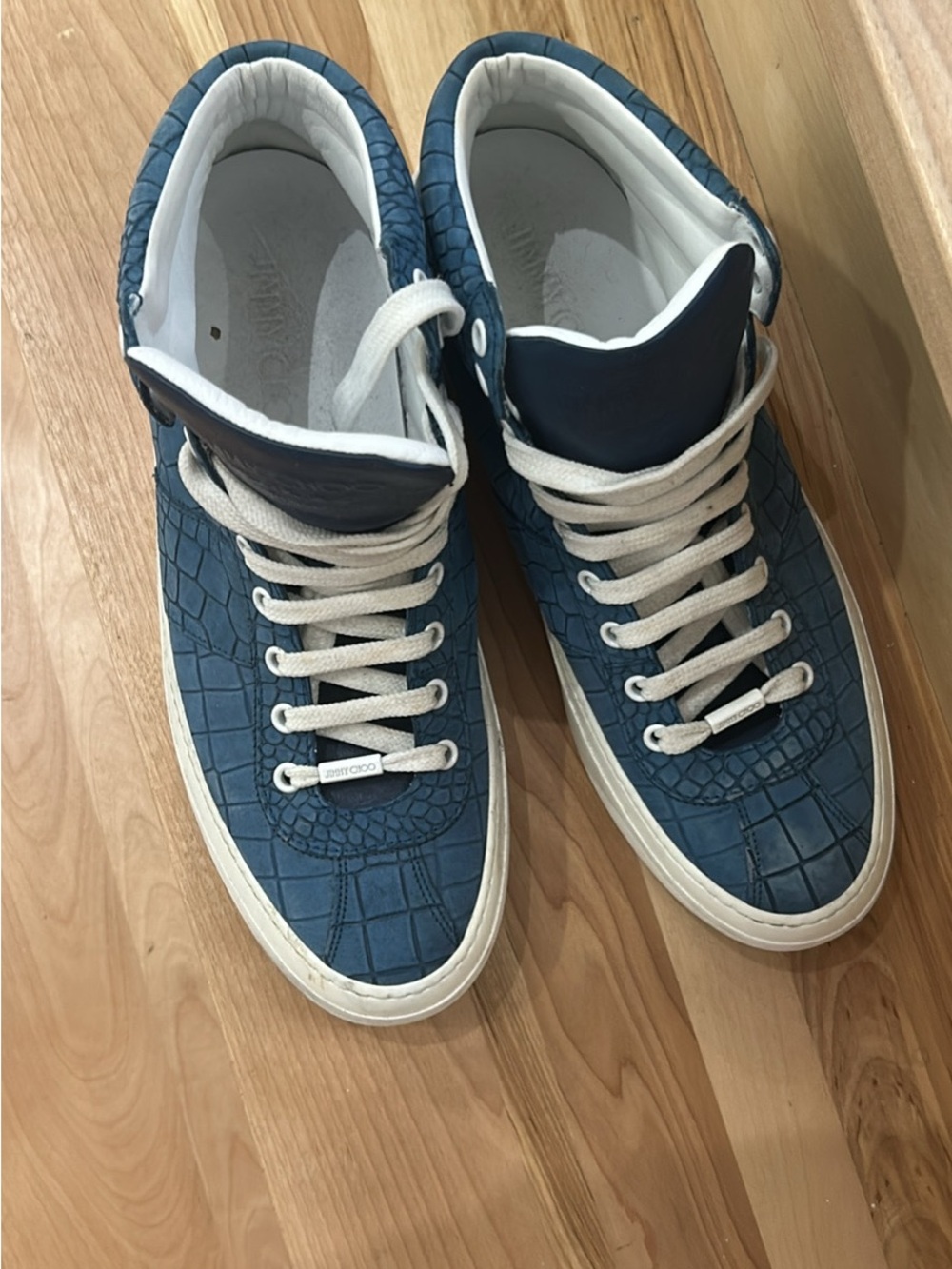 Jimmy Choo Blue Croc-Embossed High-Top Sneakers with White Accents